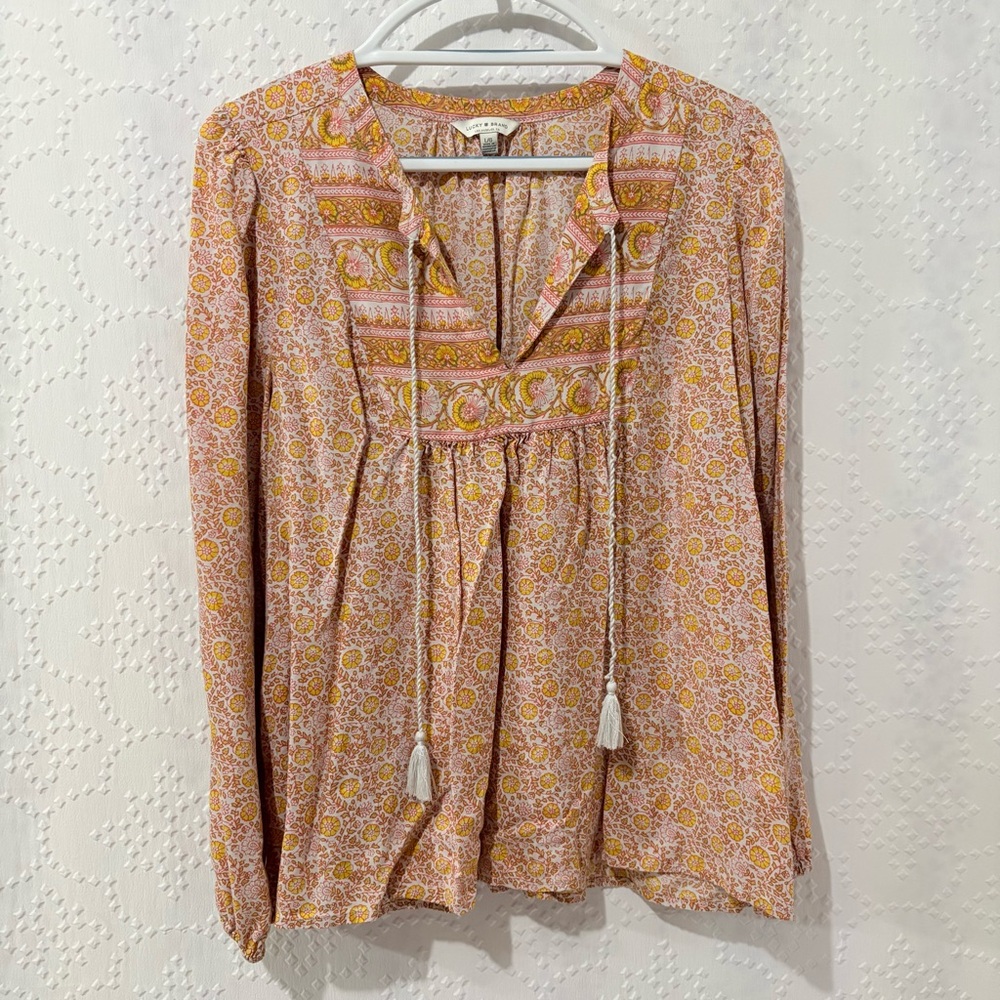 Boho Folk Floral Peasant Blouse Prairie Festival Romantic Tassel Top